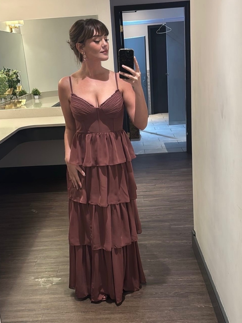 Tiered Ruffle Maxi Dress in Mauve - Women's Spaghetti Strap Evening Gown Sz Smal